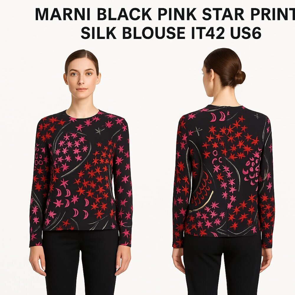 Marni Black Pink Star Print Silk Blouse IT42 US6